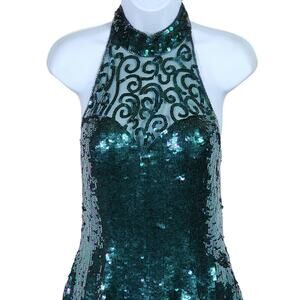 Sean Green Silk Sequin Cocktail Dress sz Medium Illusion Mock-Neck Open Back